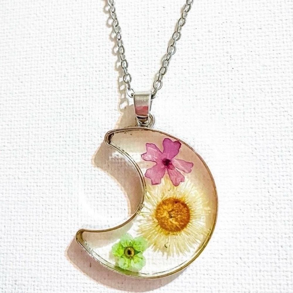 Pressed Flower Silver Moon Pendant Necklace